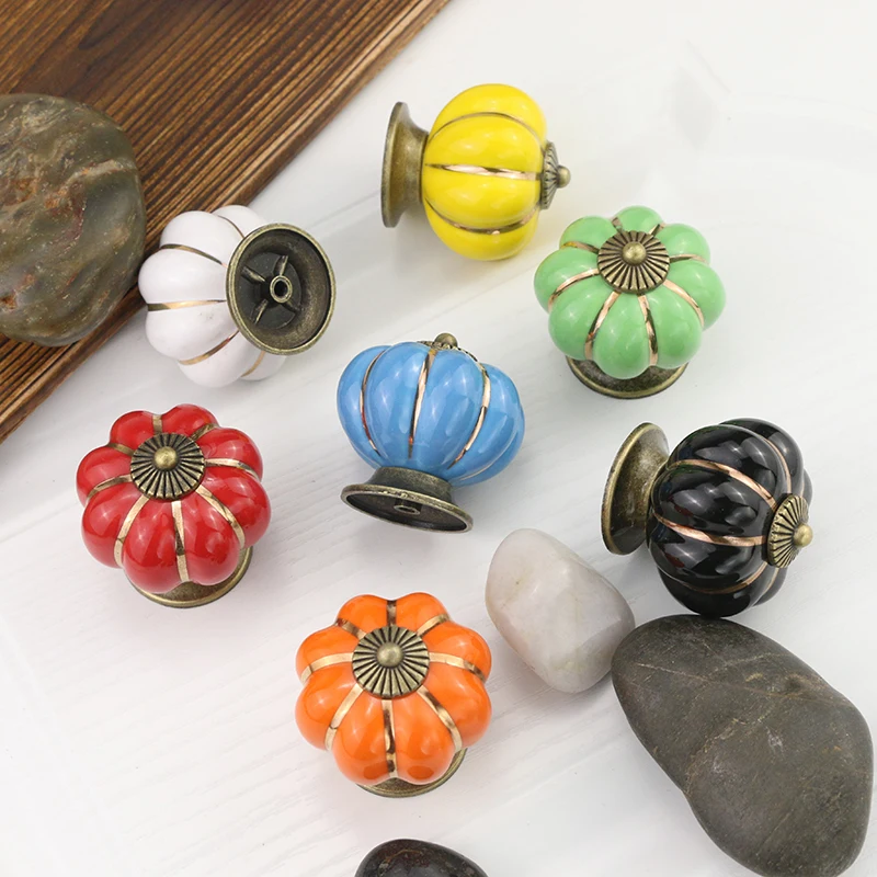 Door Knobs Furniture Drawer Cupboard Kitchen Pull Handle Pumpkin Ceramic Cabinet Handles Retro Hardware Muebles Kitchen Handles