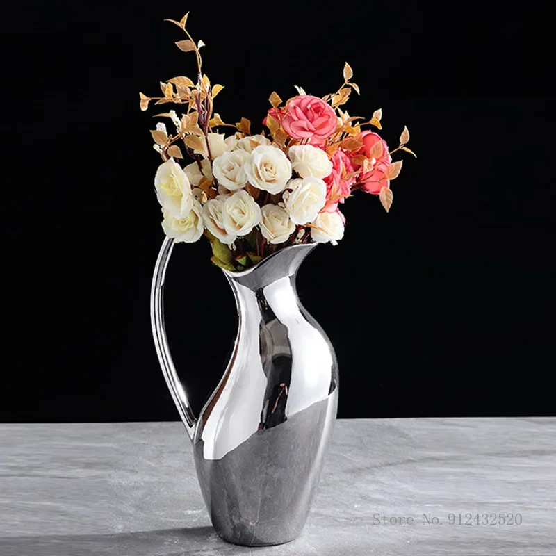 Electroplating Silver Pot-Shaped Ceramic Vase, Simple Modern Decoration, Living Room Decoration, Bedroom Ornament, 1Pc