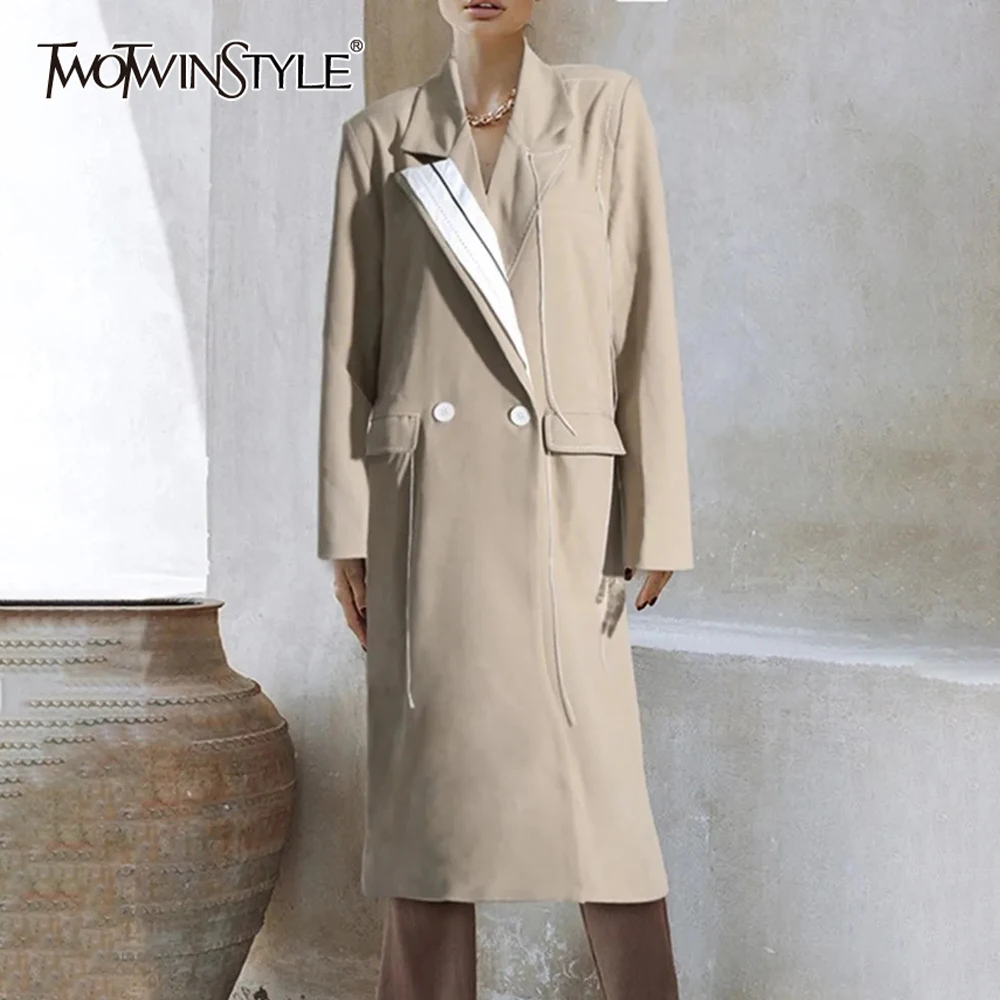 

TWOTWINSTYLE Solid Temperament Long Trench For Women Lapel Long Sleeve Patchwork Double Breasted Casual Coat Female Fashion New