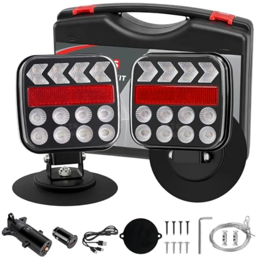 Wireless Trailer Lights Kit, Rechargeable Magnetic Trailer Lights, Portable LED Tow Lights for Trucks, Boats, RVs, Vehicle, Car