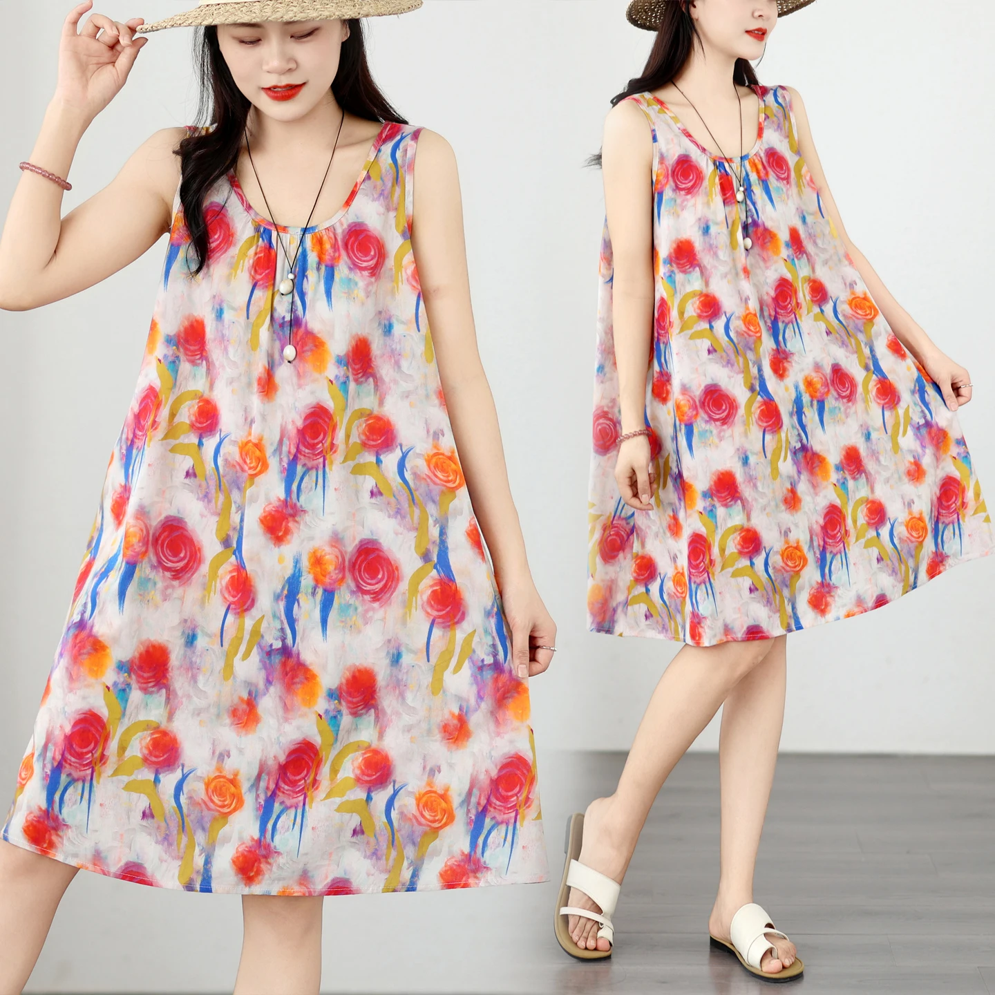 

Summer Loose Sleeveless round Neck Print Dress Women's plus Size A-Line Skirt Gown Artistic Style Cotton Citywalk Dress