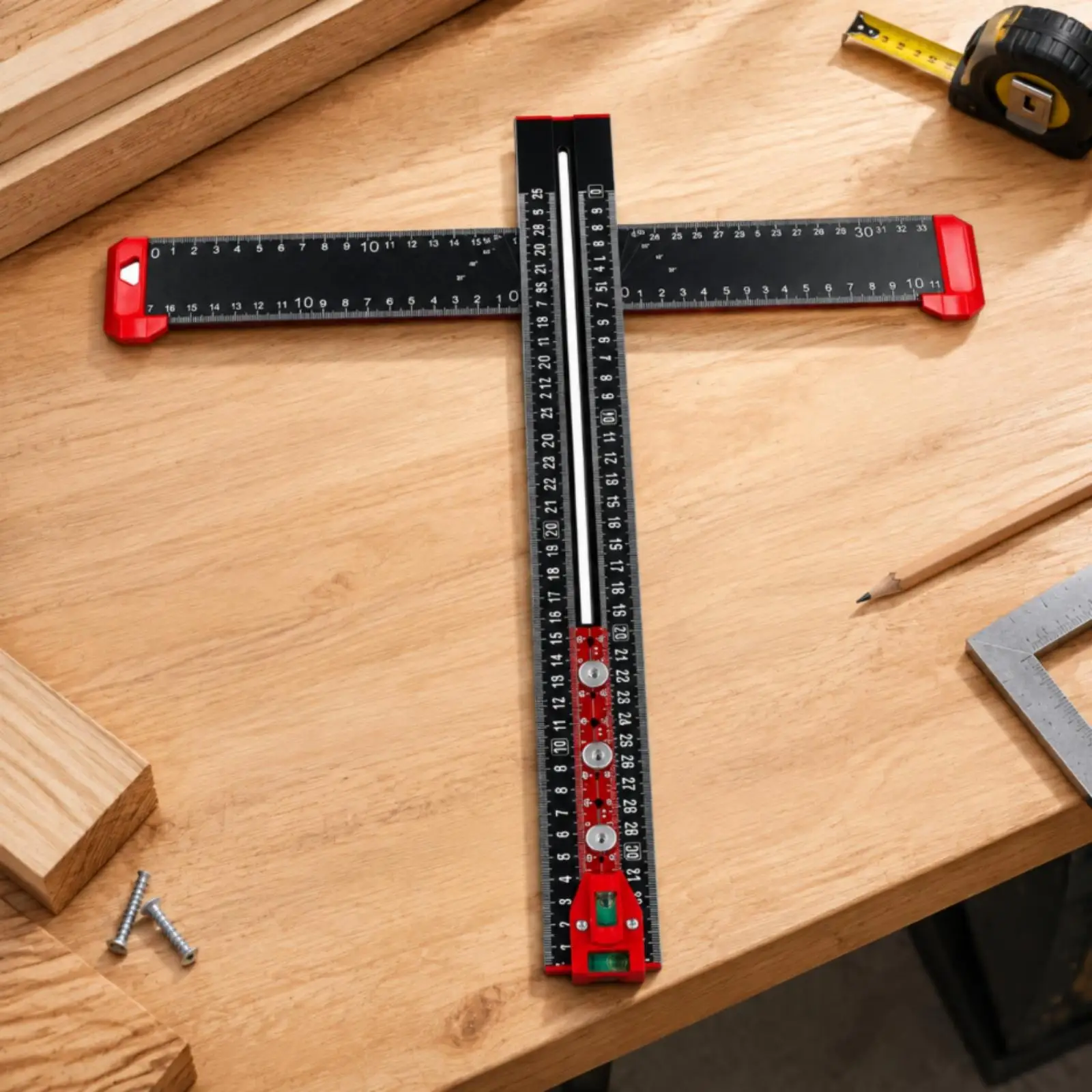 Adjustable T-Shaped Ruler with Bubble Levels Metric T-Shaped Woodworking Ruler Drilling Positioning Ruler Precision