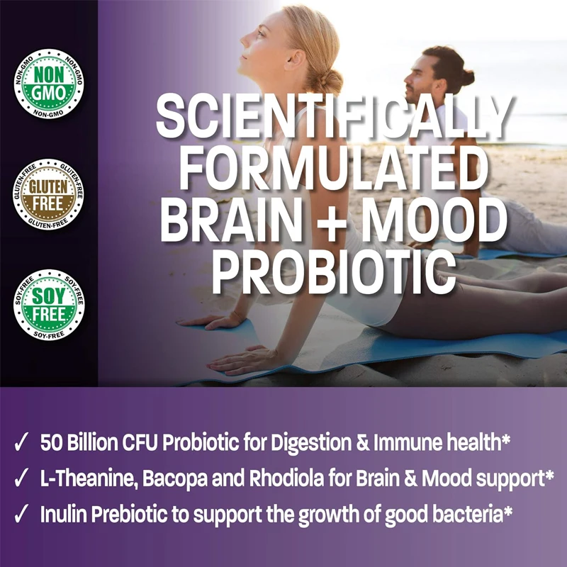 Probiotics 50 billion colony units plus prebiotics, containing 60 vegetarian capsules of theanine, pseudopurslane, and Rhodiola