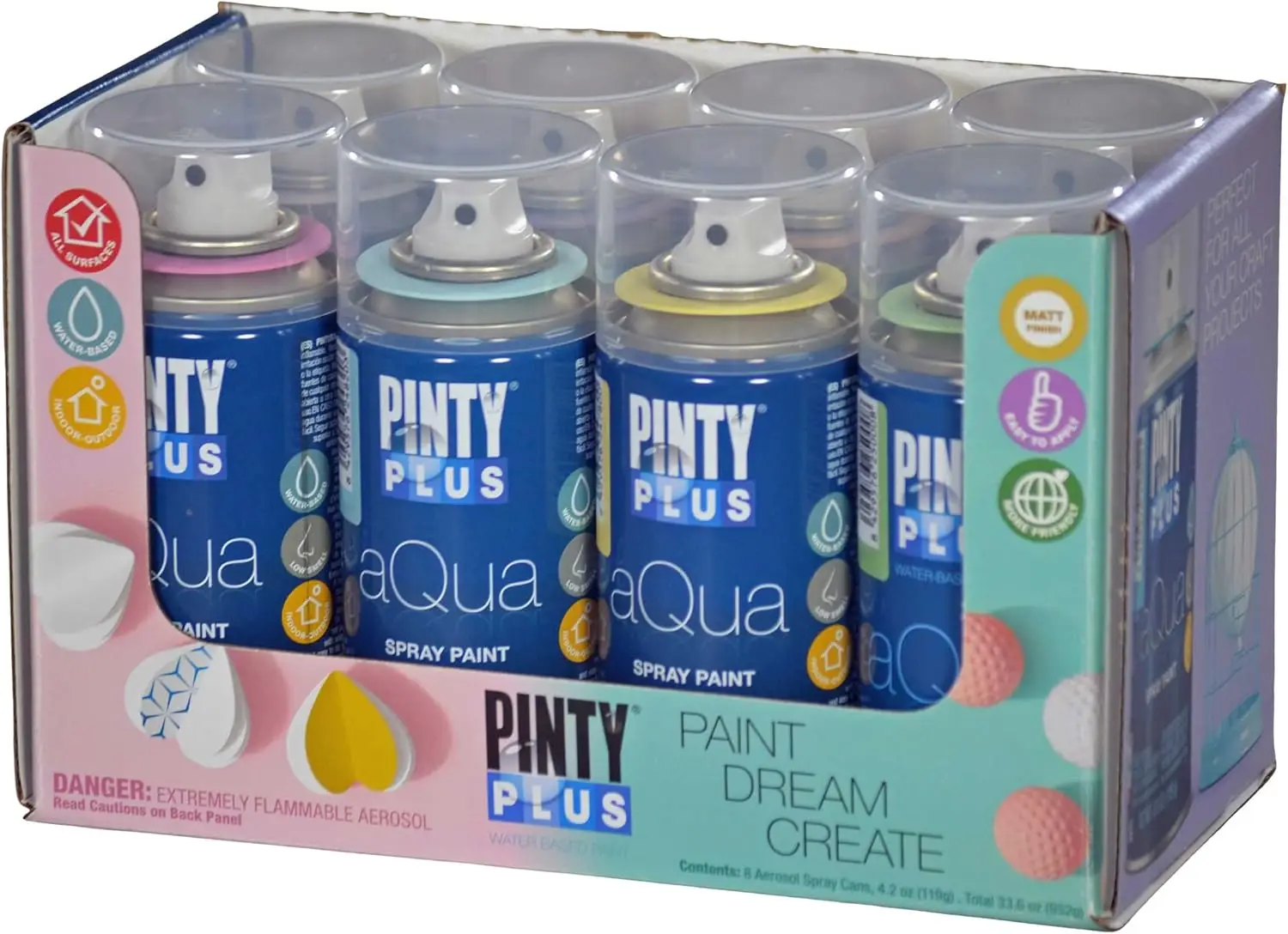 Pintyplus Aqua Mini Spray Paint - Art Set Of 8 Water Based 4.2Oz Cans. Ultra Matte Finish. Perfect For Arts & Crafts. Works On