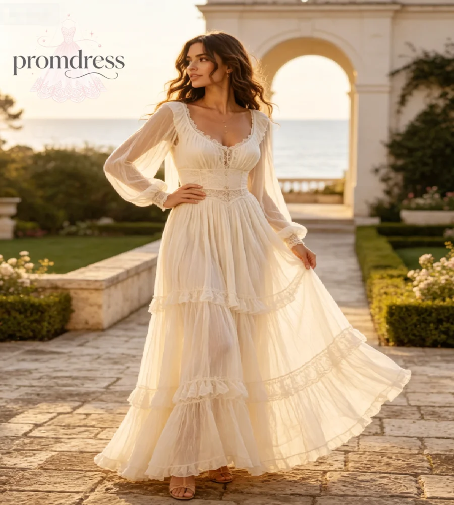 Bohemian Celtic Wedding Dress 2027 V Neck Puff Sleeve Lace Tiered Tulle Boho Bridal Gown Elopement Garden Destination Gatsby