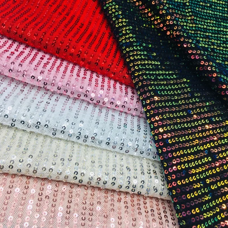 

3mm Elastic Mesh Sequins Shinny Fabric Vertical Bar Beaded Embroidered Cloth T-Table Clothing Dress Wedding Dresses Sewing Cloth