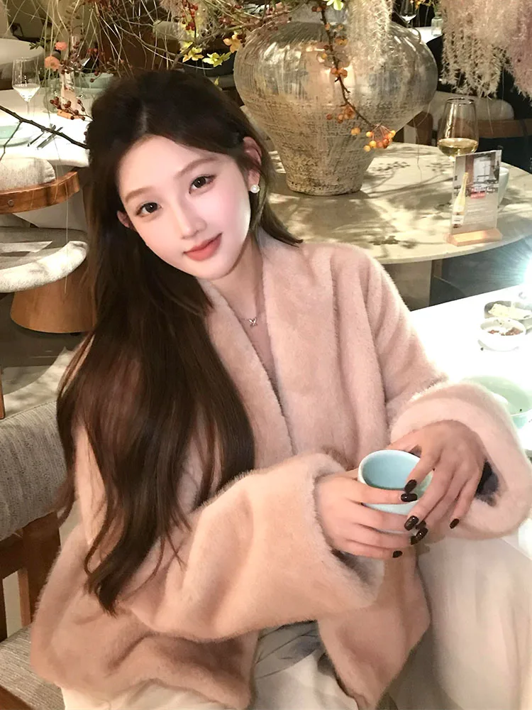 

2025 New Korean Sle Casual Thiened ort Coat Women's Faux Mink Fur Jaet Eco-friendly Small Size Plu Leather