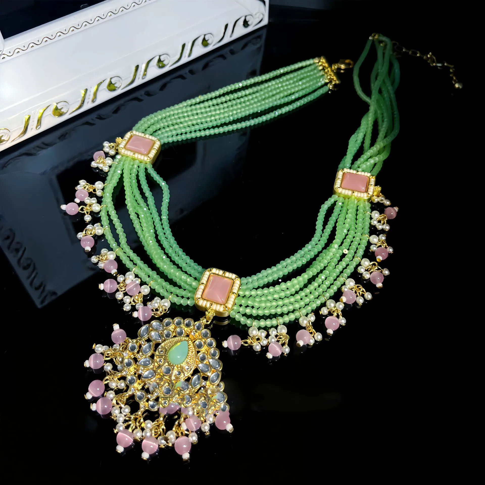 Bohemian Rhinestone Necklace Delicate Green Bead Pink Earrings Set Multi-layer Beaded Short Necklace Jewelry Accessory for Women