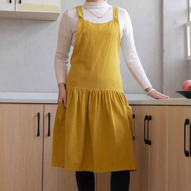 

Eight colors optional Nordic simple cotton sleeveless wrinkled dress apron flower room bakery work clothes coverall 1 piece