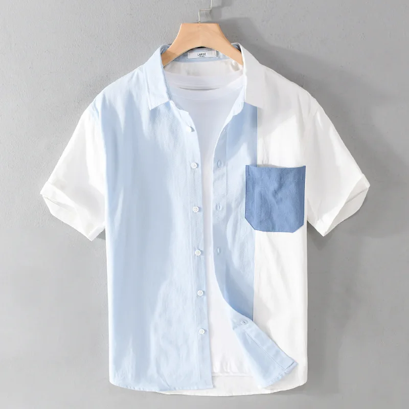 2026 Summer New Breathable Thin Cotton Short Sleeve Shirts For Men Clothing Simple Turn-down Collar Color Blocking Mens Shirts