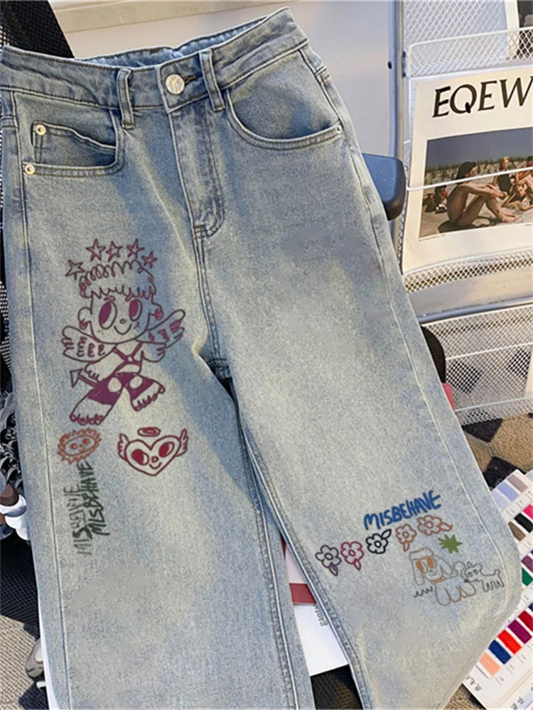 بنطلون جينز أمريكي مطبوع بأرجل واسعة من American Sle Fiti، بنطال جينز طويل عالي الخصر للصيف كسول وفضفاض #2