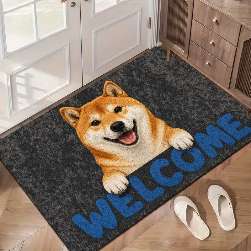 Waterproof Welcome Doormat Shiba Inu Dog Mat for Pet Owners Porch Entrance Rug Polyester Durable Home Decor Gift