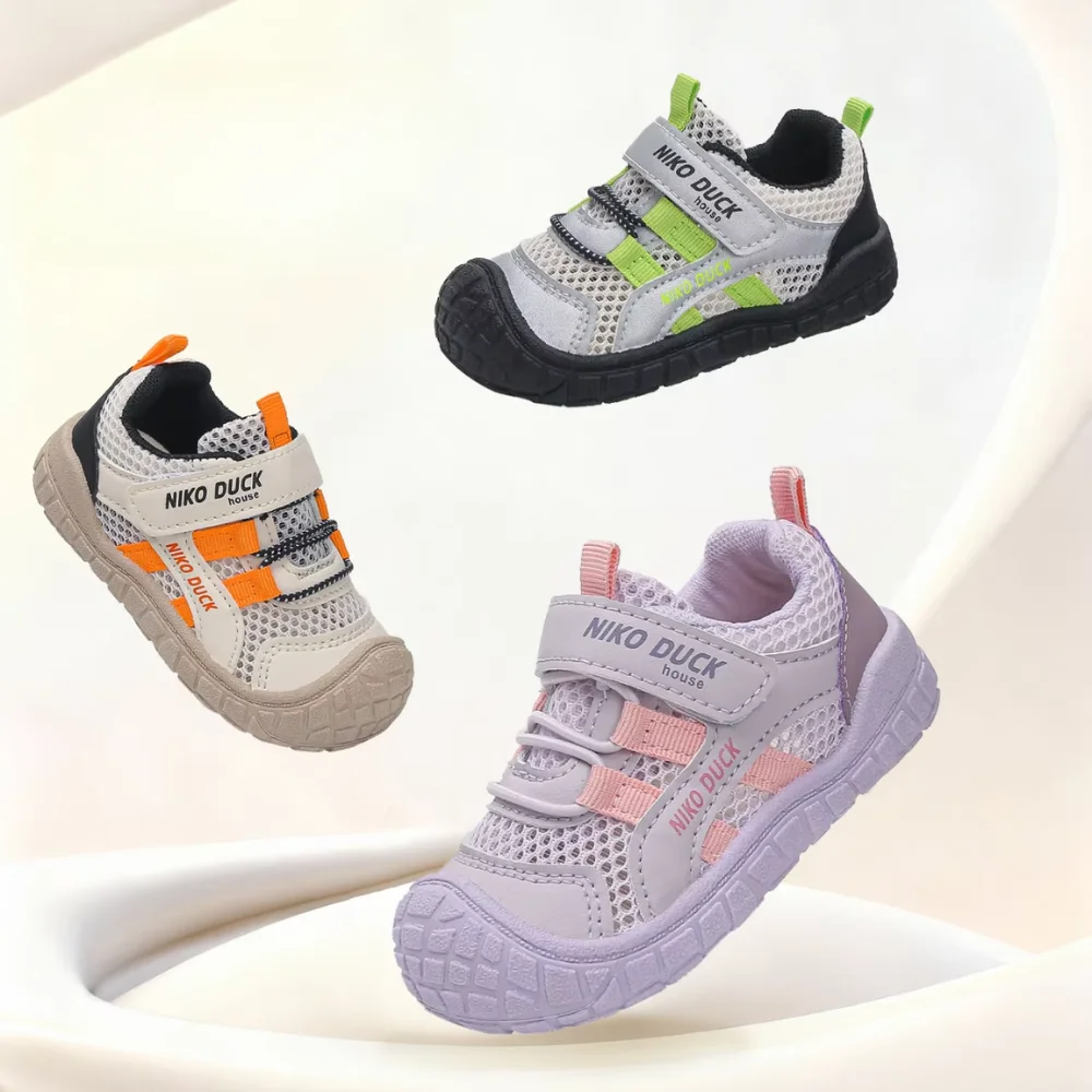 Toddler Baby Breathable Mesh Walking Shoes Color Block Stripe Hook And Loop Strap Anti-Collision Toe Cap Non-Slip Flexible Rubbe