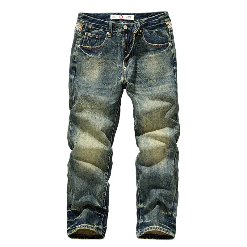 レトロアメリカントレンディブランドスプライシング刺繍プリントハーレンパンツメンズルーズストレートチューブノスタルジックジーンズ