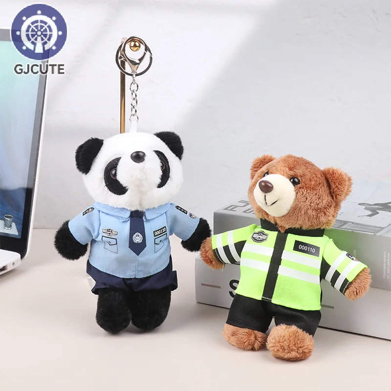 Traffic Police Small Bear Panda Plush Toys Keychain Police Firemen Animals Keyring Pendant Car Backpack Charms Bag Decor Gifts