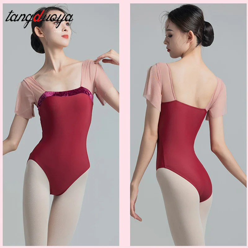 

Ballet Dance Leotards For Women Ruffles Spliced Flocking Vintage Square Collar Leotards Gymnastics Yoga Skate Dancewear Swimwear
