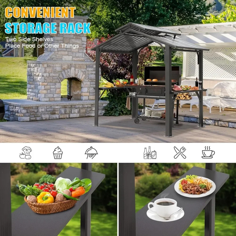 gazebo.8x5FT Hardtop Grill Gazebo, Grill Canopy for Outdoor Grill w/Double Galvanized Steel Roof,2Side Shelves and Ceiling Hooks