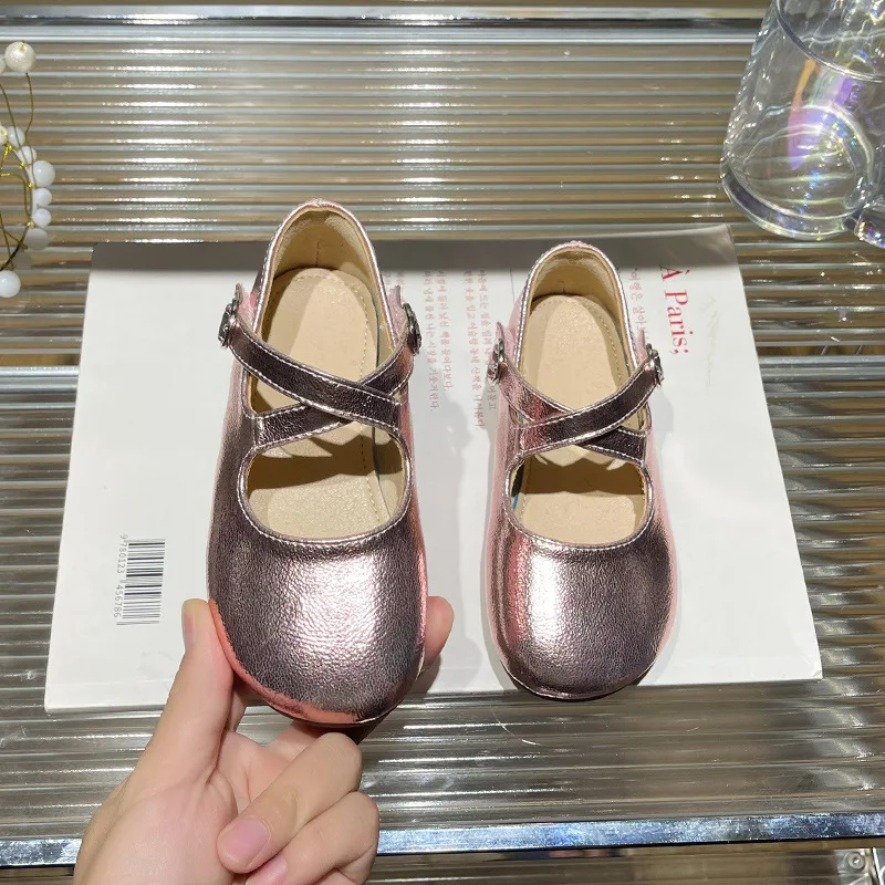 Girls Mary Jane Shoes New 2024 Spring Fashion Cross Strap Ballet Shoes Kids Sliver Princess Flats Children Soft Sole Size 24-35