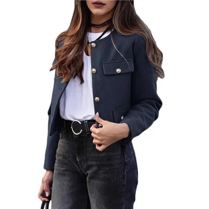 ABRT-Womens Cropped Blazer Jacket Collarless Button Down Business Casual Fall Outfits Winter Coats