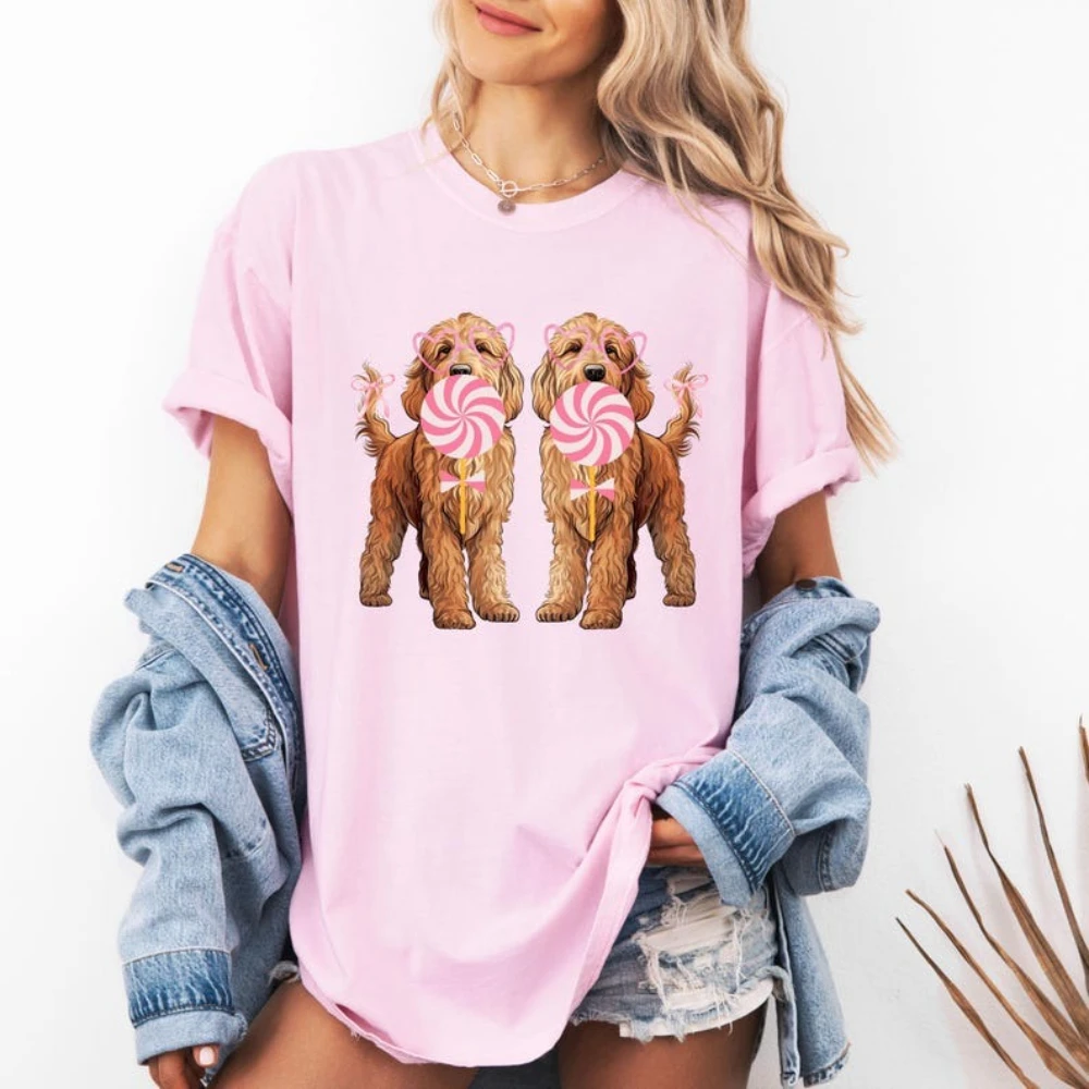 Goldendoodle Labradoodle Coquette Lollipop camisetas gráficas mujer hombre moda Casual Camiseta de algodón clásico cuello redondo ropa de calle
