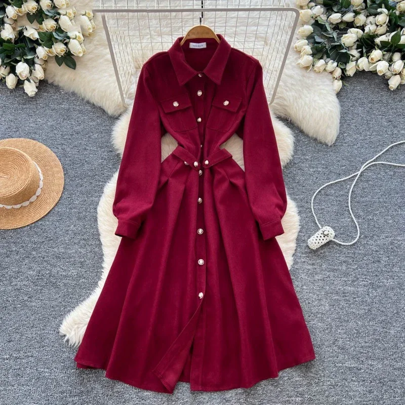 เดรสเชิ้ตกระดุมแถวเดียวสำหรับผู้หญิง สีพื้น ฤดูใบไม้ผลิ ฤดูใบไม้ร่วง ชุดเดรสสไตล์เกาหลี แฟชั่นหวานๆ ย้อนยุค ชุดเดรสยาว