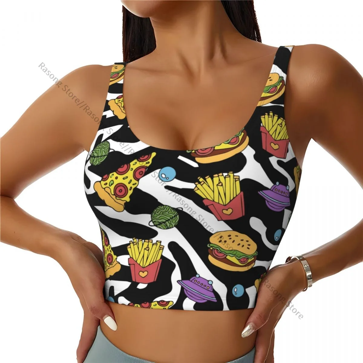 Women Sexy Sports Vest Cute Pizza Hamburger French Fries On 80s 90s Zebra Print Female Streetwear Sport Lingerie Tee Crop Top