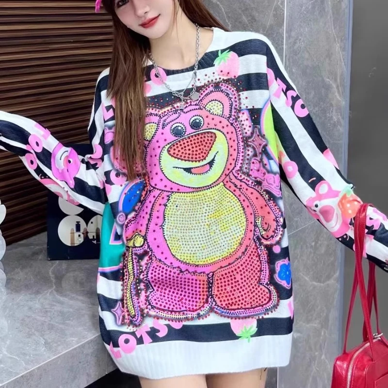 

Dophee Colorblock Stripe Hot Drilling Cartoon Knitted Pullover Top Women Autumn Winter Long Sleeve Sweater Loose Students Hoodie