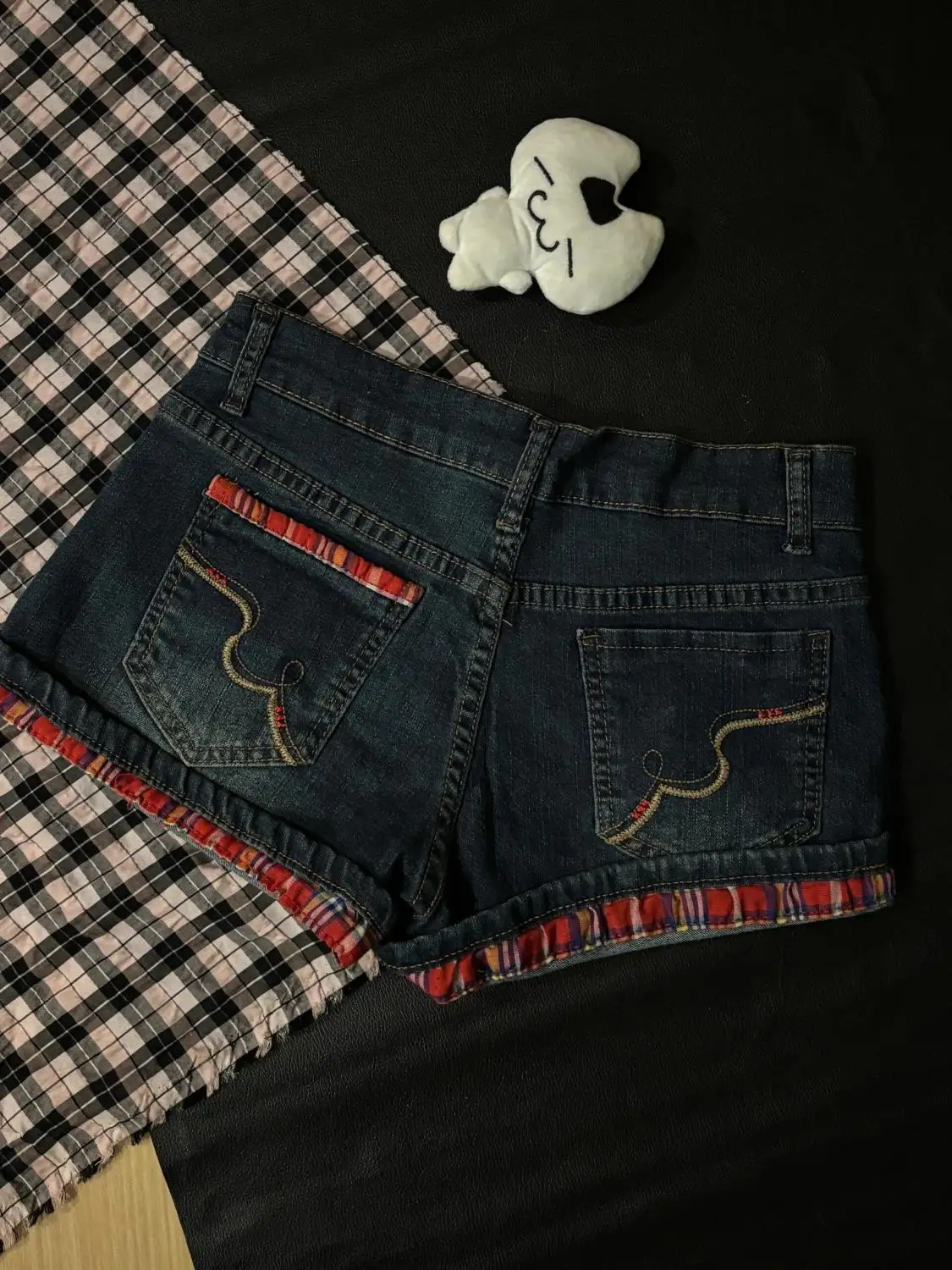 Red Plaid Curled Low-rise Denim Shorts Women's Summer New Design Diamond-encrusted Retro Jeans Y2k Shorts
