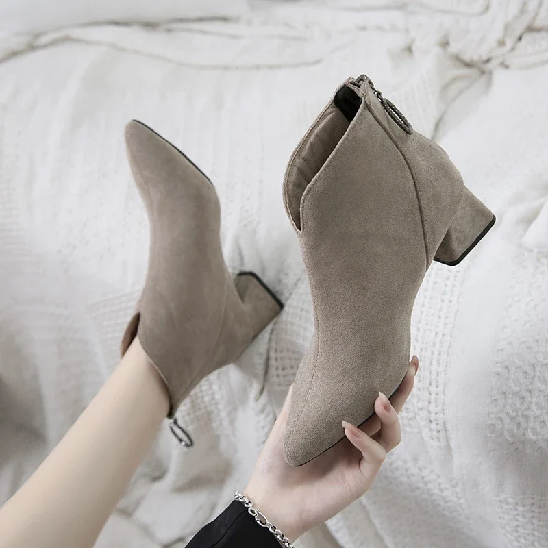 Ladies Shoes 2024 Fashion Zipper Women's Boots Autumn Pointed Toe Solid Short Barrel Block Heel Naked Boots Zapatos Mujer