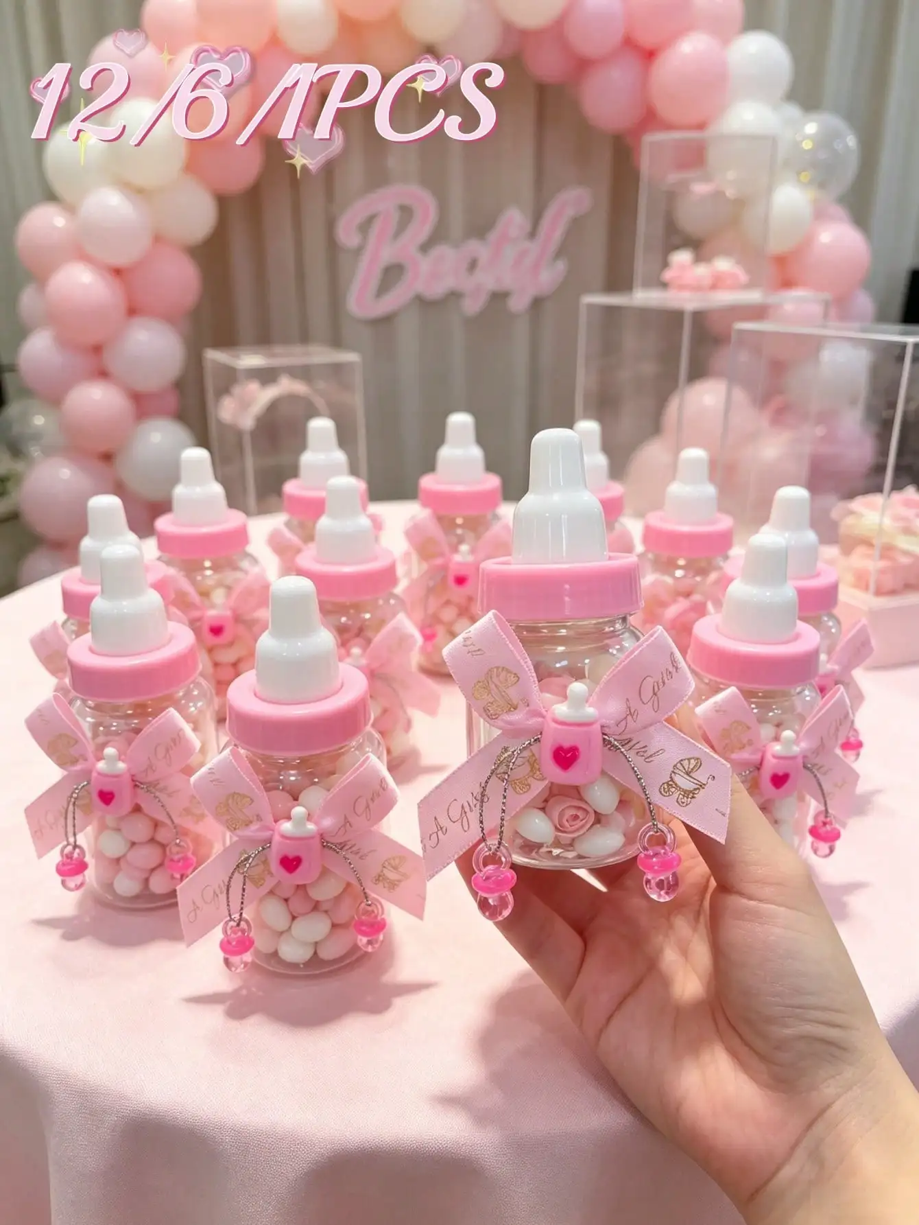12/6/1 Piece Set - Bowknot Ribbon Pacifier Holder Style 3.5inch Mini Baby Bottle Candy Box, Plastic Bottle with Ribbon Heart Pacifier Holder and Pacifier Hanger, Refillable Candy Box, Small Plastic Candy Bottle DIY Gift, Suitable for Baby Shower Party Decoration, Baby Shower Gift, Candy Decoration for Boys and Girls, Gender Reveal Party Decoration, Return Gift for Guests (Pink)