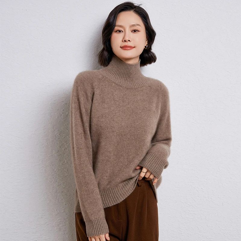 Autumn Winter New Cashmere Sweater Women's Half High neck Pullover 100% Pure Wool Knitted Thick Tops Casual Loose Fashion Korean