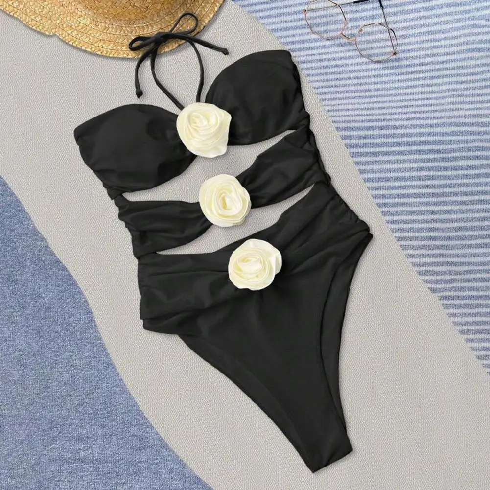 Monokini Dekor mawar 3d Monokini, dekorasi mawar elegan dengan tali leher Halter desain lipit ramping cocok untuk pakaian pantai untuk cepat