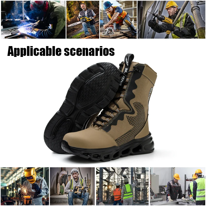 Unbreakable high top protective boots protect the feet and prevent smashing. Steel toe lining breathable safety boots