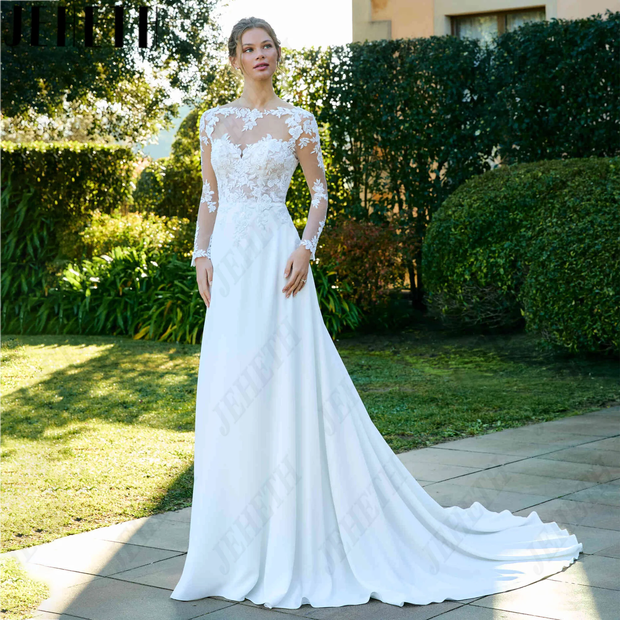 JEHETH Customized Illusion Neckline Long Sleeve Lace Wedding Dress Satin A Line Bridal Gown Backless Sweep Train Bridal Dresses
