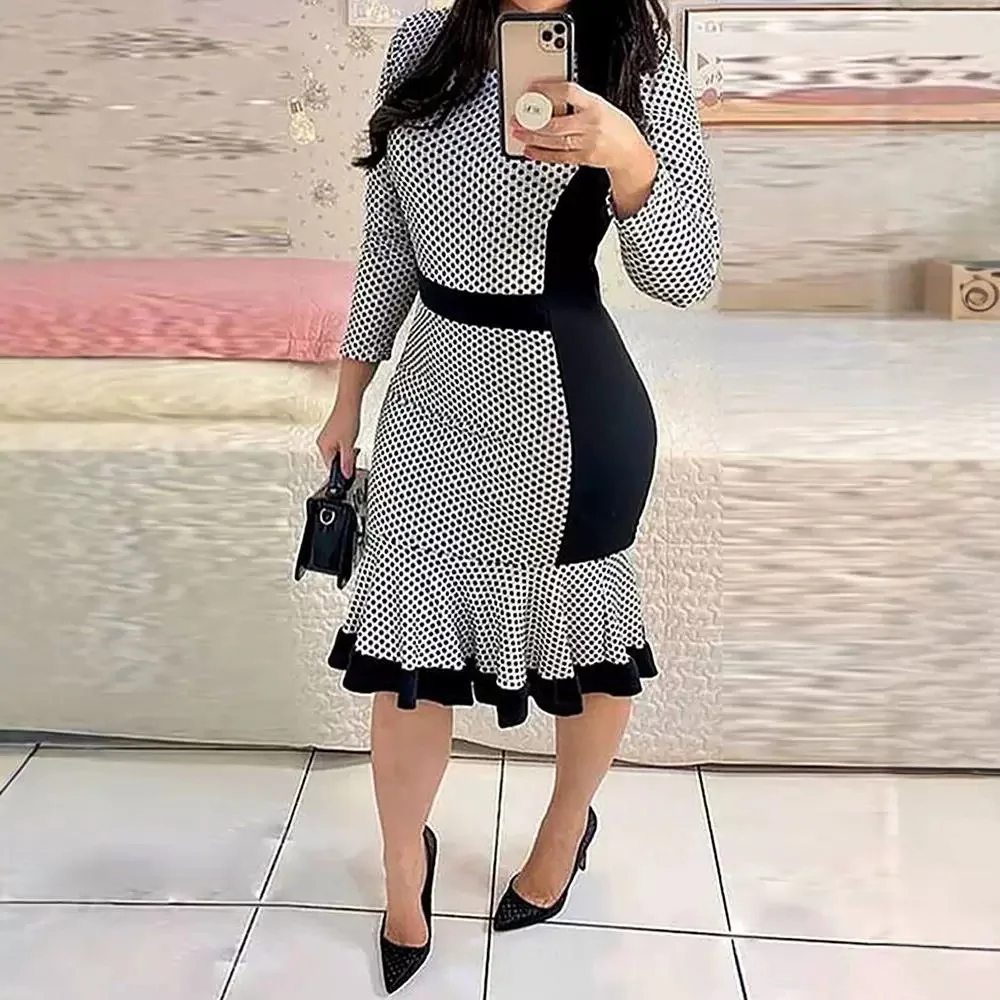 Elegant Dress for Women Fashion 2024 Summer Casual Long Sleeved Polka Dot Printed Contrasting Ruffle Edge Bodycon Dresses Sexy