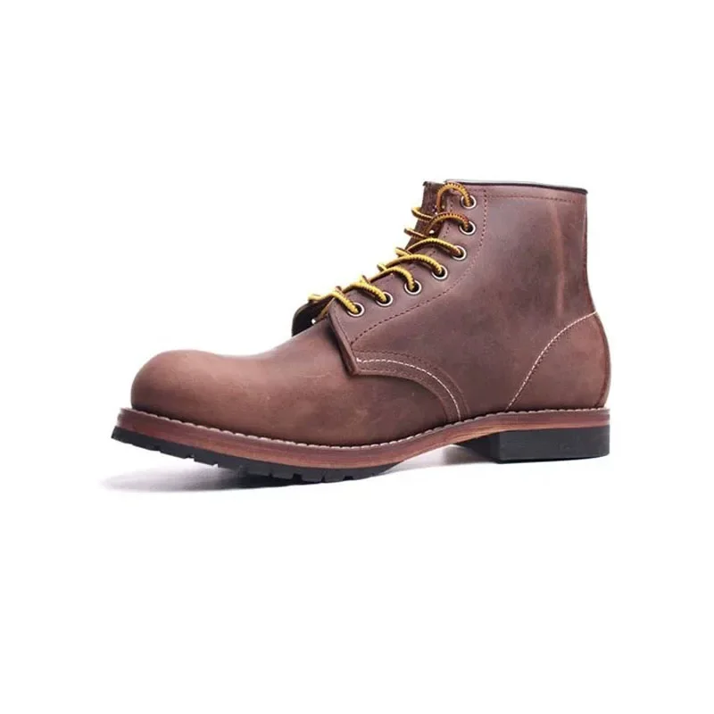 Men's Cow Genuine Leather Tooling Red Male Motorcycle Boots Round Toe Male Casual Vintage Mid-calf Combat Boots Botas Red