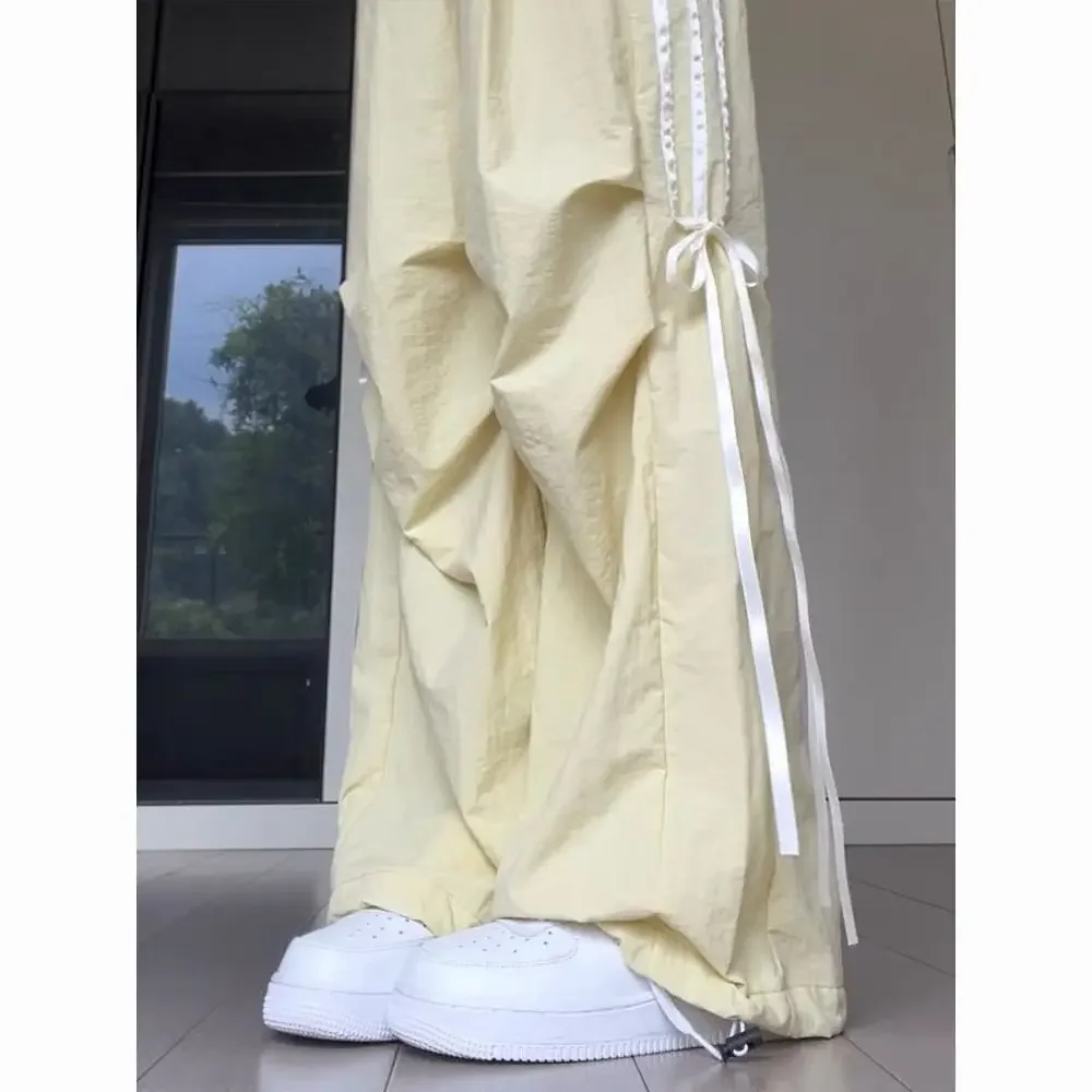 Bow Wide Leg Pants for Summer, Thin American Style Quick Drying Parachute Work Pants, High Waisted Hanging Casual Pants