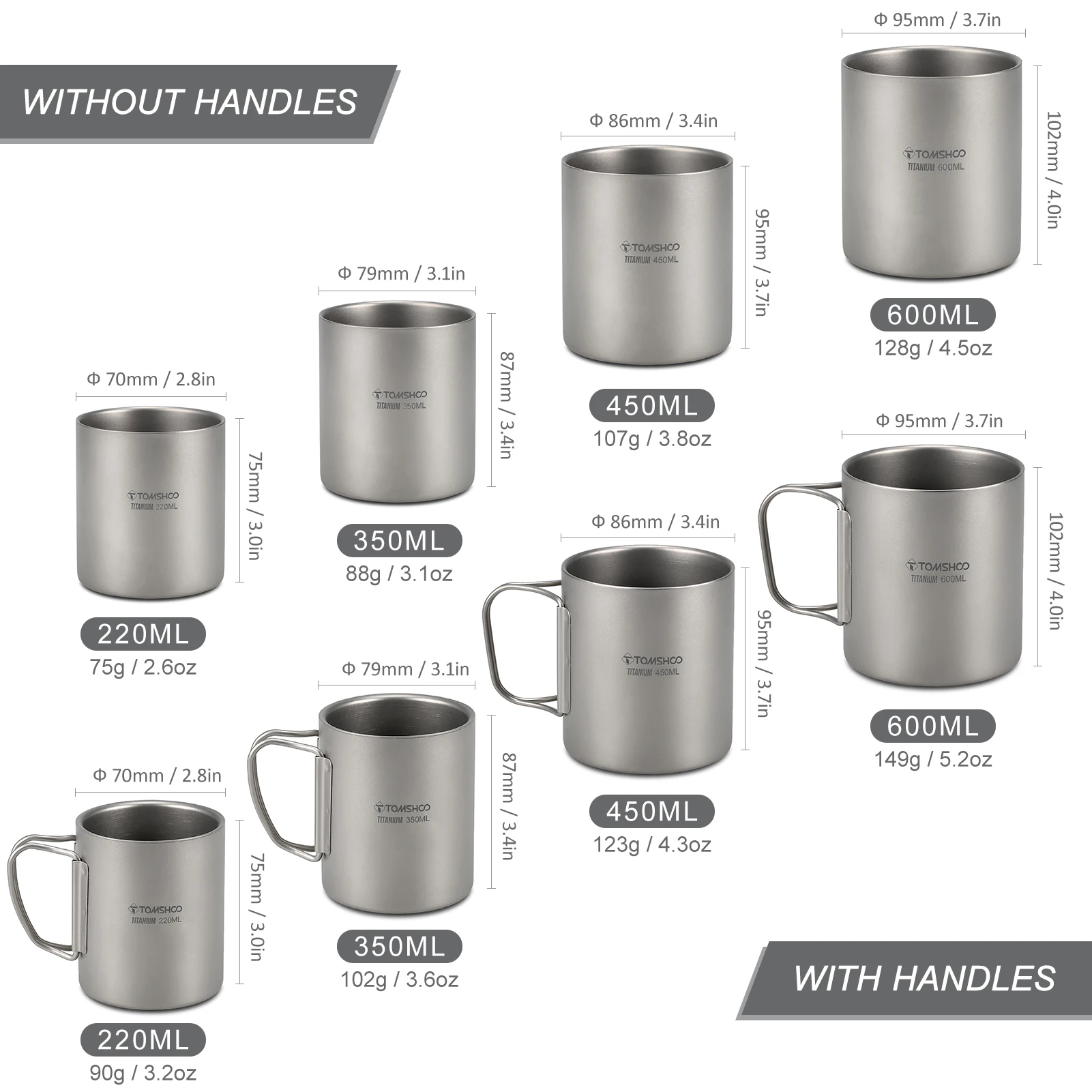 TOMSHOO 220/350/450/600ml Double Wall Titanium Water Cup Coffee Tea Mug for Home Office Outdoor Camping Hiking Backpacking