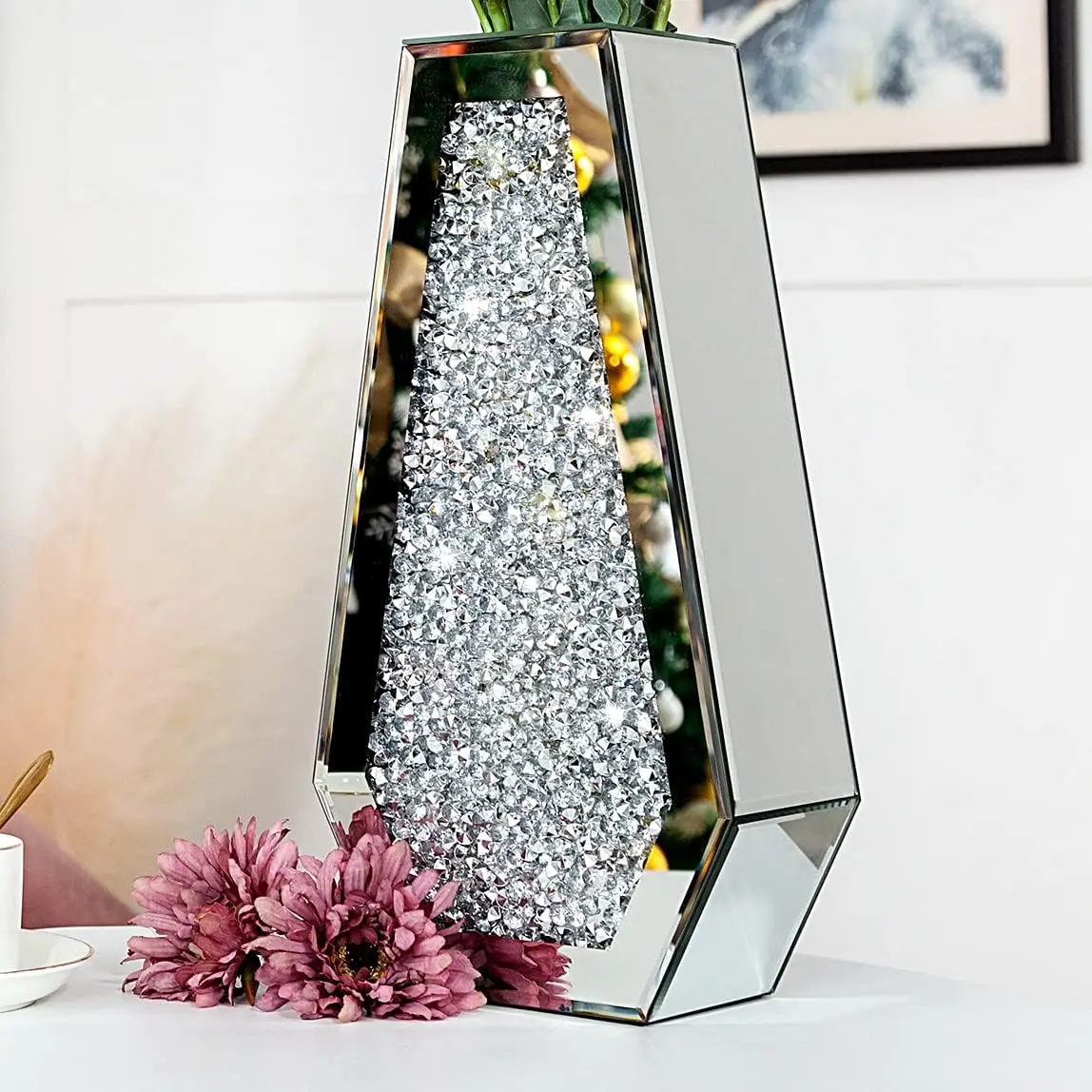 

Crushed Diamond Mirrored Flower Vase Large Glass Vase Modern Crystal Decorative Mirror Vases Stunning Luxury Tall Floor Vase