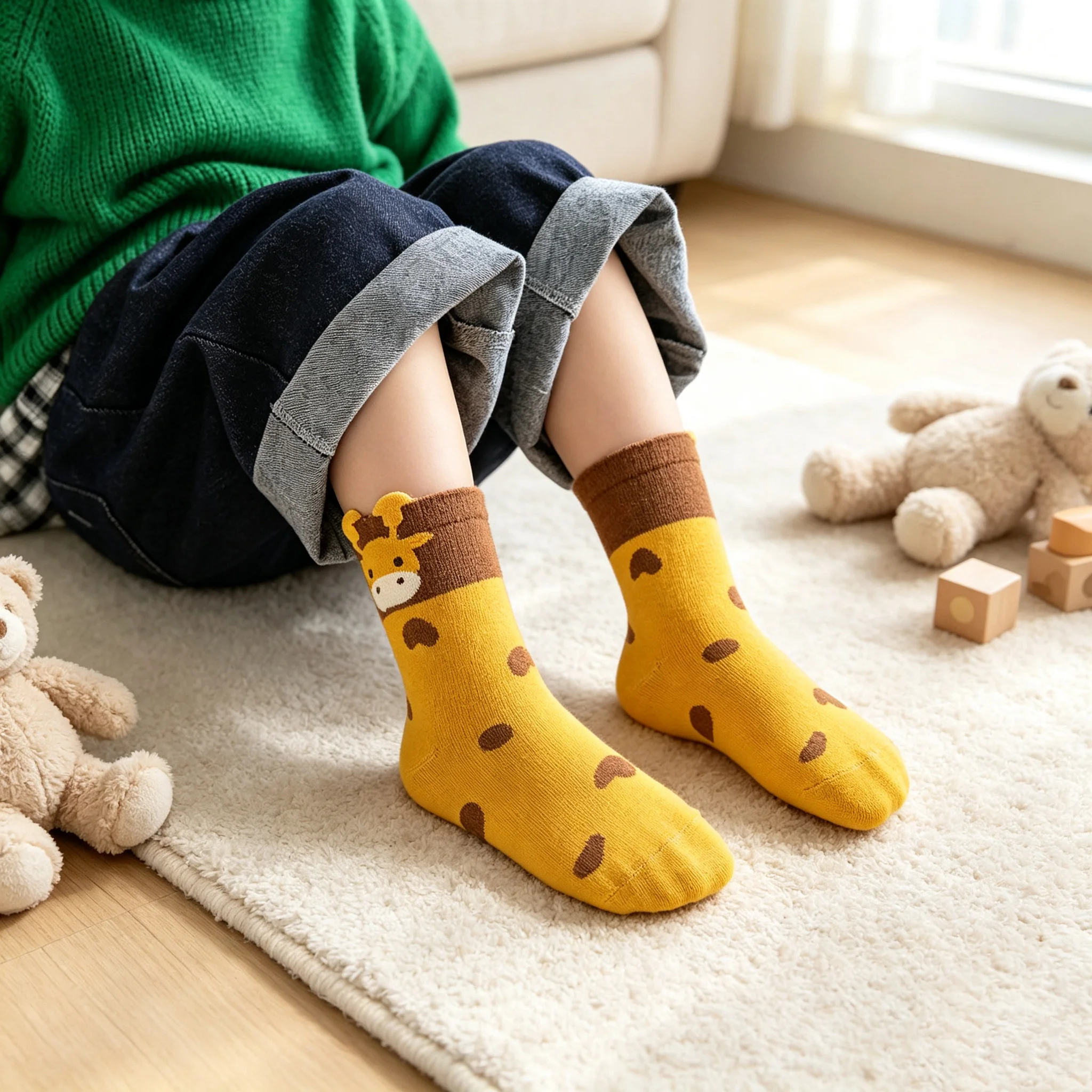 5 Paar flach gestrickte Kindersocken mit niedlichem Giraffen-Cartoon-Motiv, weiche, atmungsaktive Socken für Kleinkinder, Jungen und Mädchen, geeignet für alle Jahreszeiten. – Detail 4