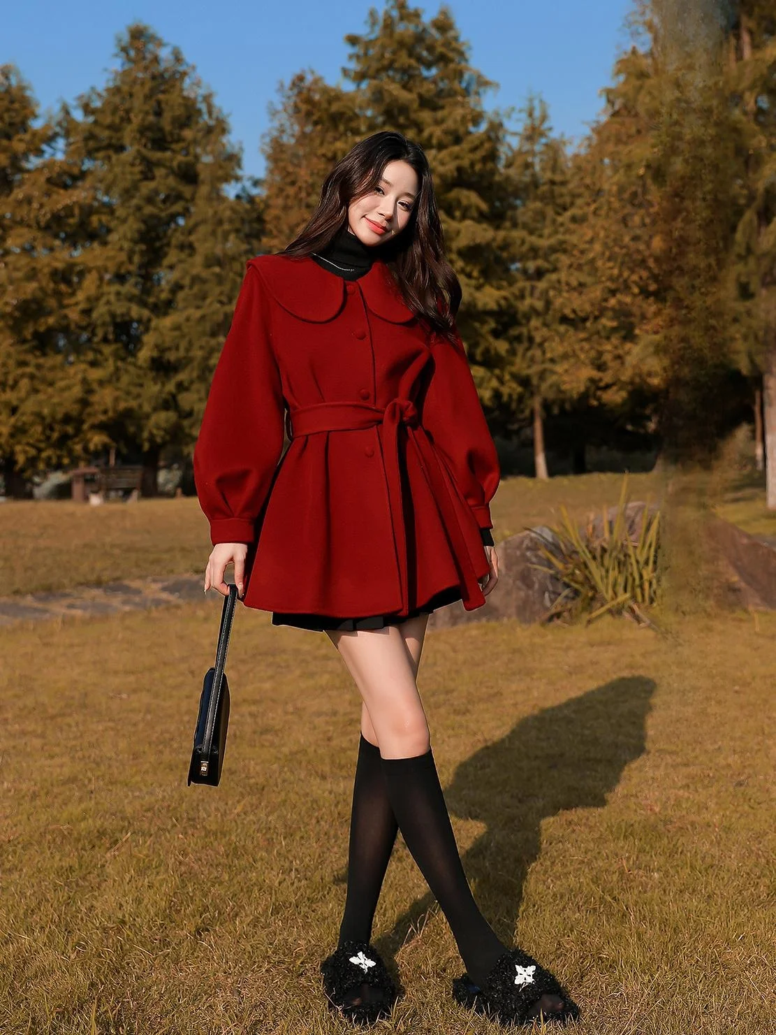 

Red Double-Faced Woolen Coat with Bow Waist Cinching Doll Collar Design for Young Women Long Sleeve Commute Style Fashion