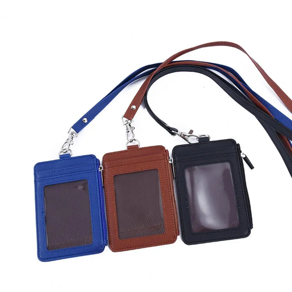 Window Badge Holder Multi-functional Faux Leather Id Badge Holder with Lanyard Window 5 Card Slots Zipper Coins Wallet Solid