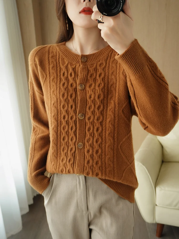 새로운 여성 오-넥 케이블 뜨개질 카디건 가을 겨울 긴 소매 캐시미어 스웨터 웜 소프트 100% 메리노 울 니트