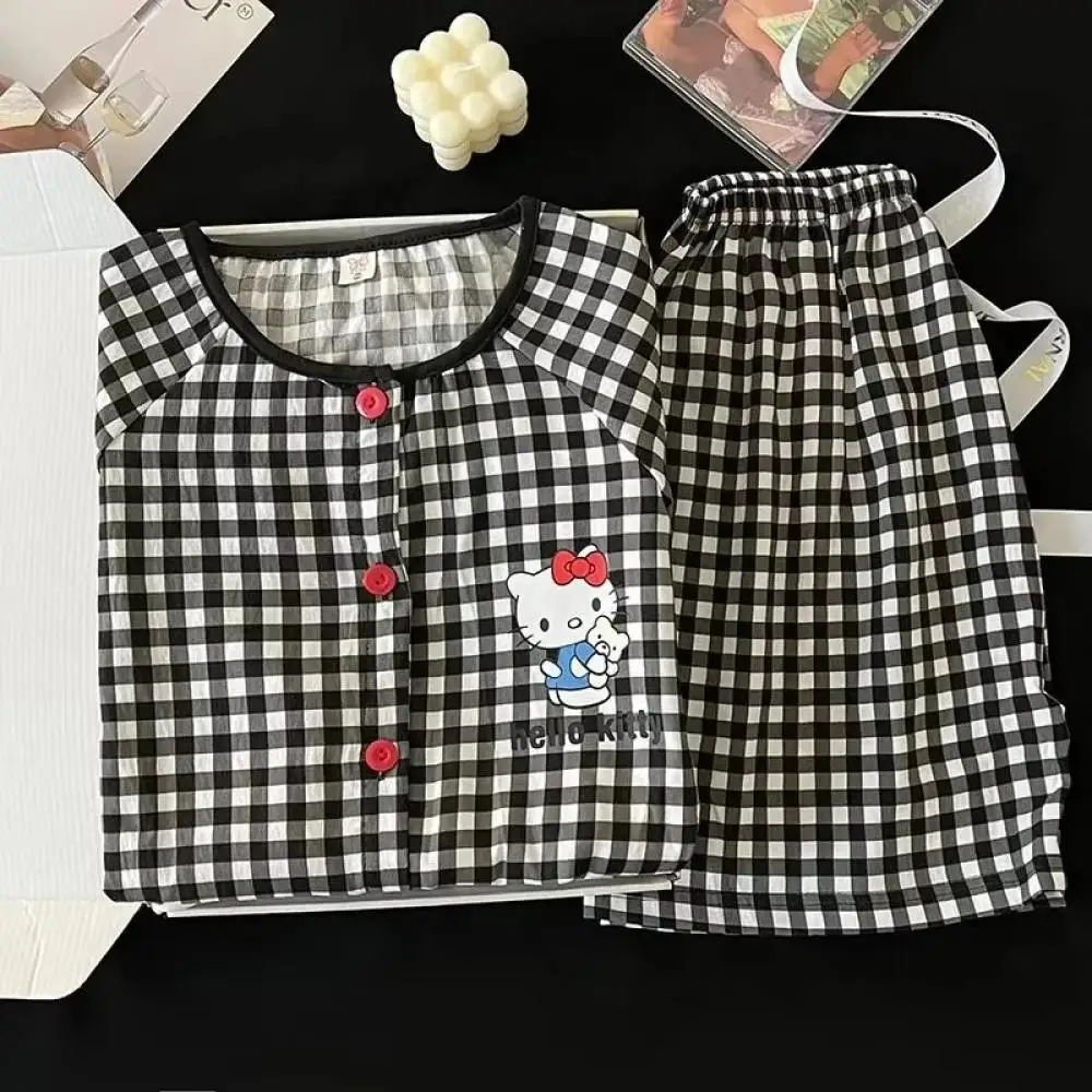 

Sanrio Hello Kitty черные клетчатые летние пижамы женские повседневные свободные шорты с короткими рукавами с героями мультфильмов аниме комплект из двух предметов домашняя одежда