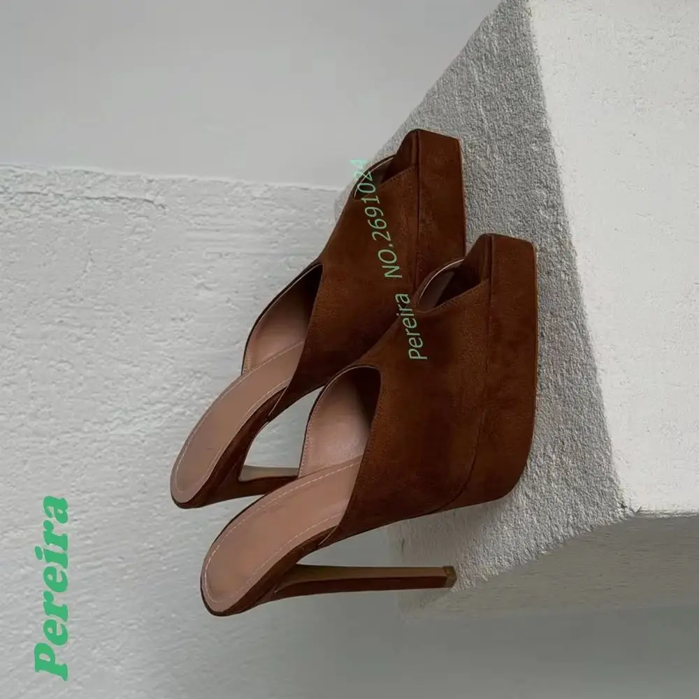Brown Suede Peep Toe Platform Slippers Slip On Backless Slide Sandals Ultra Thin Stiletto High Heel Pointy Toe Elevated Mules