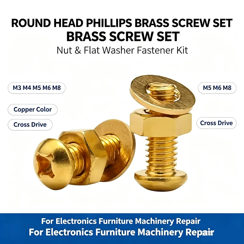M3 M4 M5 M6 M8 Brass Round Head Screw Set Cross Pan Head Machine Screws With Nuts Flat Washers Hardware Fasteners