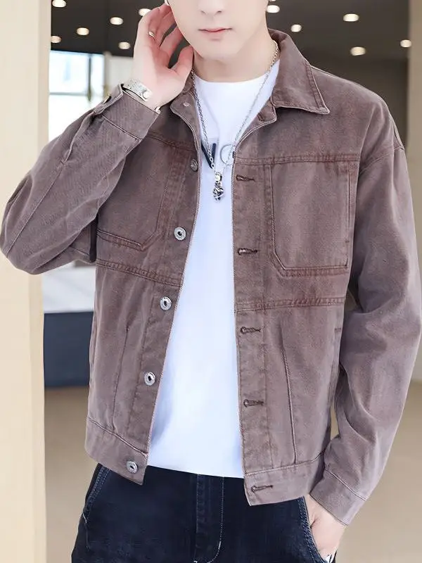 

Мужская джинсовая куртка Slim Fit однотонного цвета, повседневная модная верхняя одежда с воротником, дышащая, с длинными рукавами, для осеннего сезона