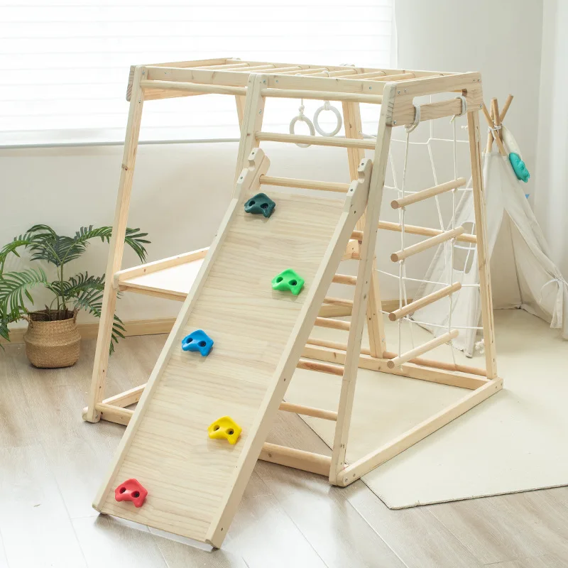 

Wholesale Multifunctional Climbing Frame Sensory Training Swing Slide Combination Set Wooden Climbing Frame Xiaowoniu