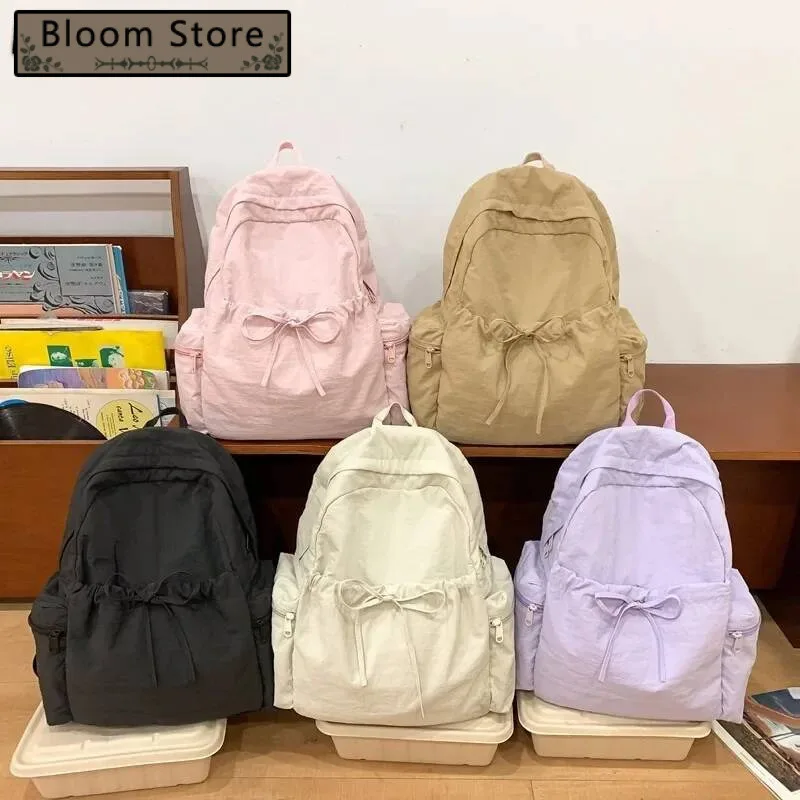 

Women Students Simple Solid Casual Schoolbags Y2k Aesthetic All Match Vintage Backpack Preppy Fashion Trendy Chic Bow Backpacks
