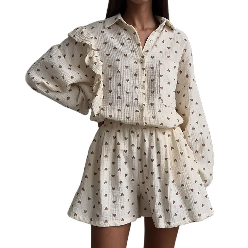 Cotton Pajamas Linen Love Print Shorts Suit Female Fashion Single Breasted Lapel Shirts Top 2 Pieces Set Elastic Waist Pant Sets